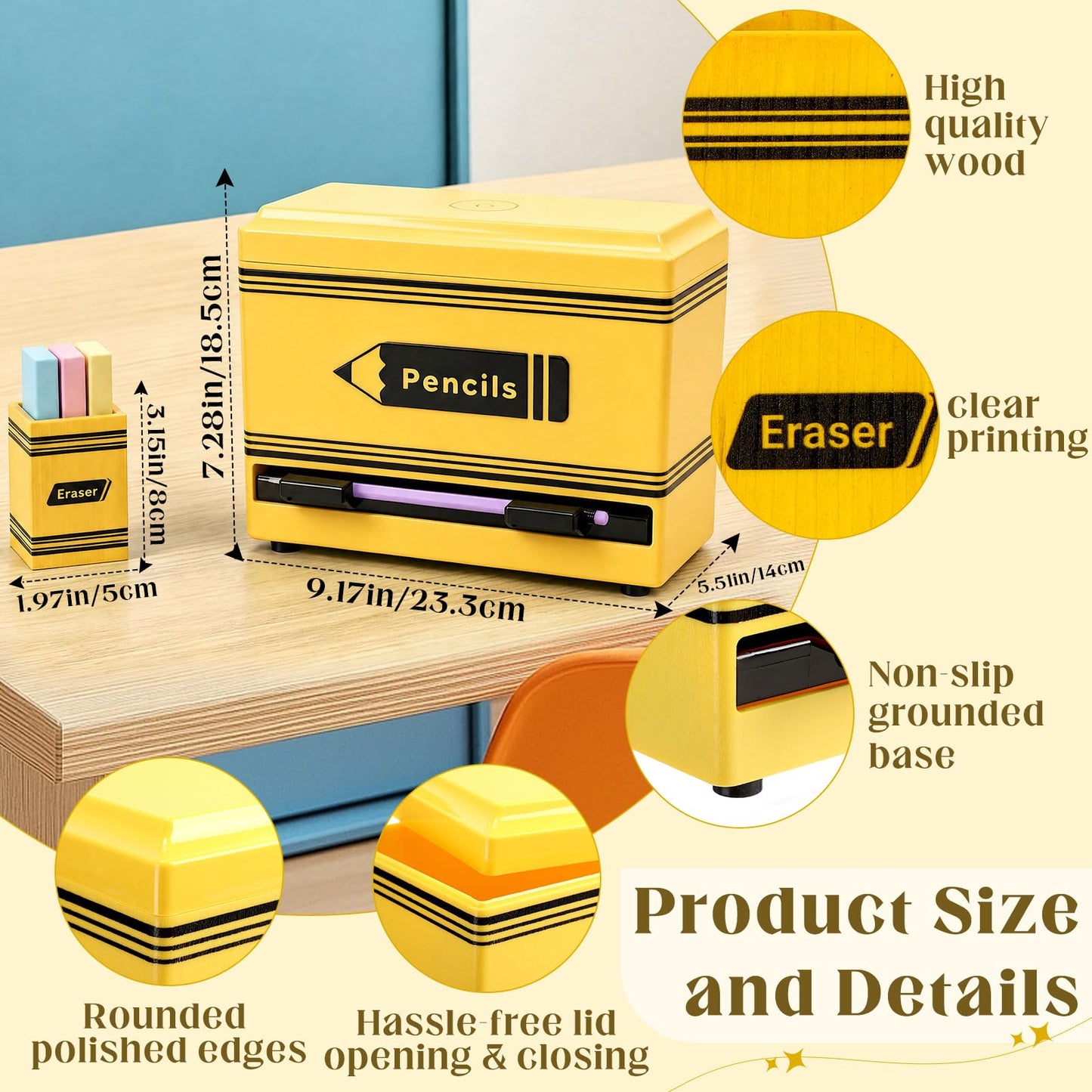 Gueevin 2pcs Pencil Dispenser for Classroom, Fun Desk Organizer with Eraser Holder, Interactive Pencil Storage for Teachers, Students & Homeschool Desk Organizer, Back to School Supplies(Yellow)
