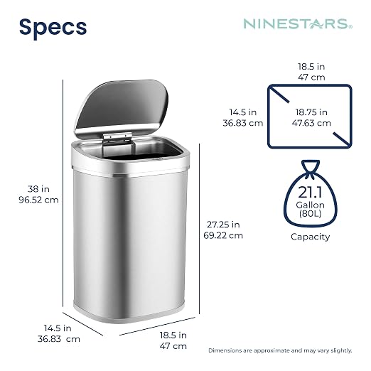 Ninestars 21 Gallons Automatic Touchless Kitchen Trash Can with Lid, Motion Sensor Trash Can for Kitchen, Living Room, Office, 80 Liter Stainless Steel Garbage Bin (21 Gallon Rectangular)