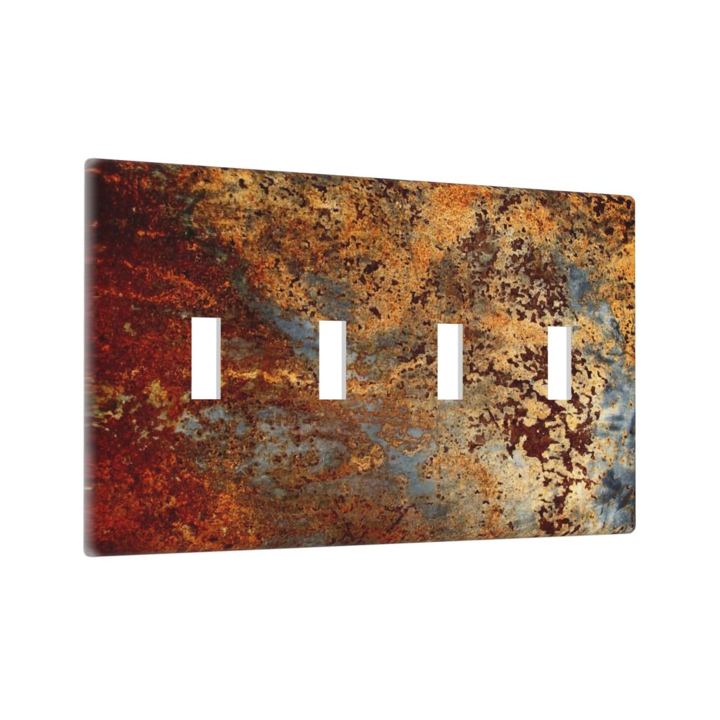 Aged Old Burnt Orange/Brown Copper Rust Metal Decorative 4-Gang Quad Toggle Light Switch Wall Plate Cover, Modern Graffiti Mossy Quadruple Toggle Device Switches Wall Plate Outlet Covers Standard Size