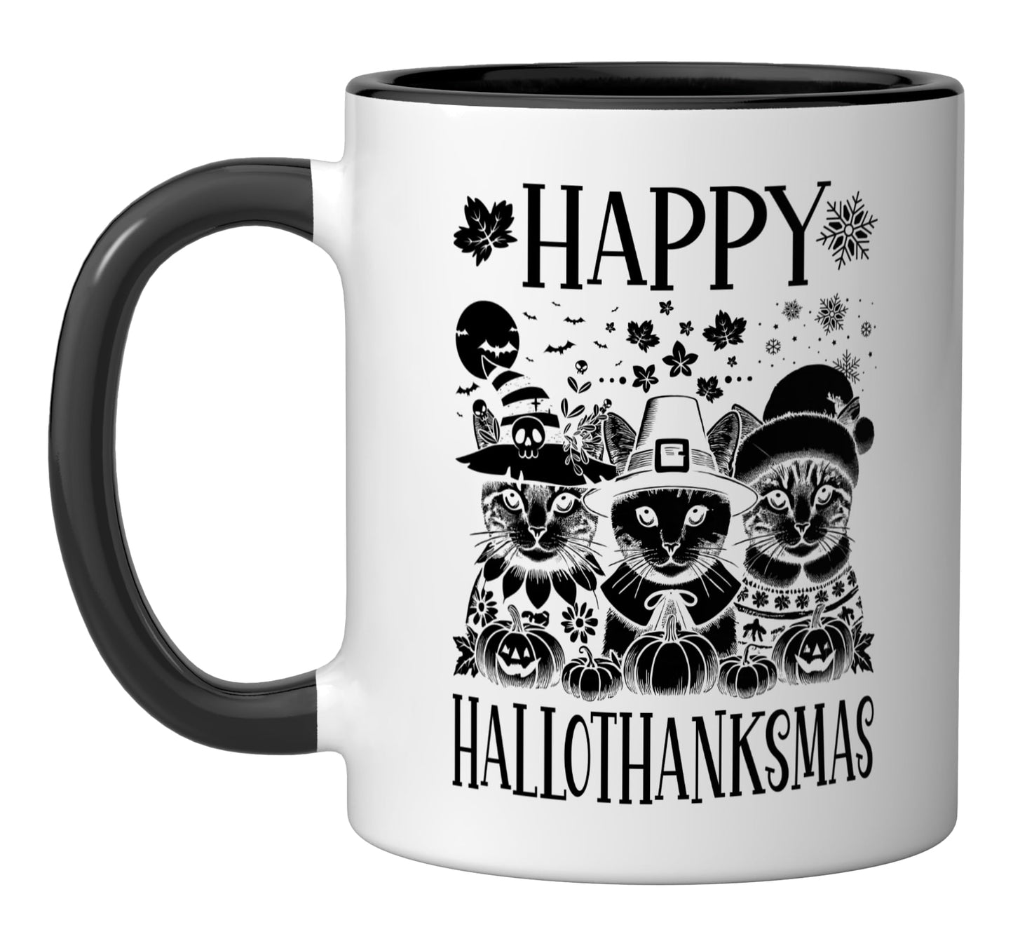 Happy Hallothanksmas Halloween Thanksgiving Christmas Cats Ceramic Mug, Black/White