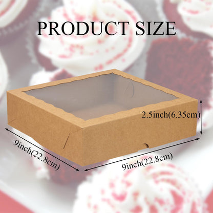 ROSPAKTEK Brown Bakery Boxes with Window (12pcs, 9x9x2.5 Inch) for Christmas: Ideal for Pie, Cookies, Chocolate Covered Strawberries, Breakable Heart & Charcuterie