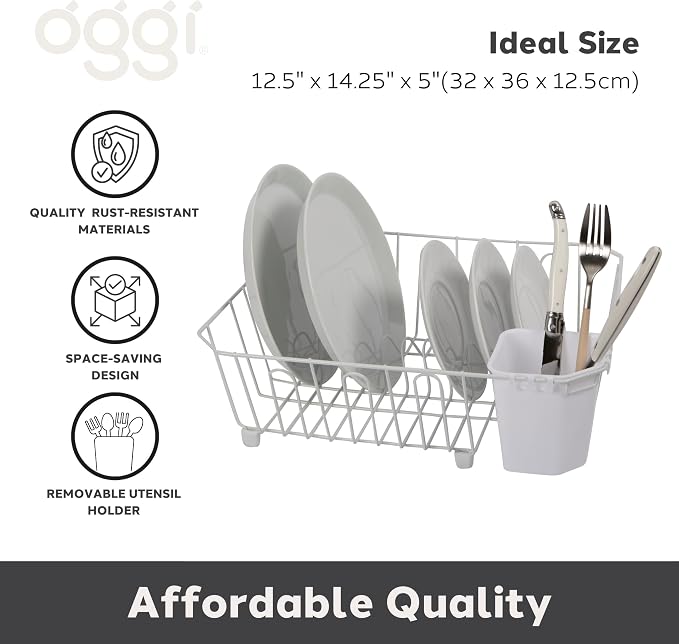 Oggi Compact Dish Drying Rack - White Metal Dish Drainer Rack, Drying Rack Kitchen, Dish Rack, Dish Racks for Kitchen Counter, Durable Coated Metal Kitchen Drying Rack with Cutlery Holder