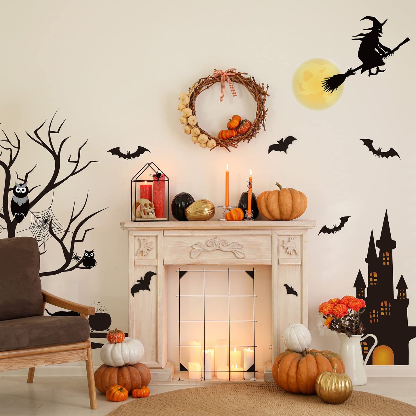 4 Sheet Halloween Window Decals Clings Decor Window Stickers Double Side Clings Decals for Party Decoration with Bat, Witch, Spider, Pumpkin for Halloween Spooky Holiday Fall Party Home Decor