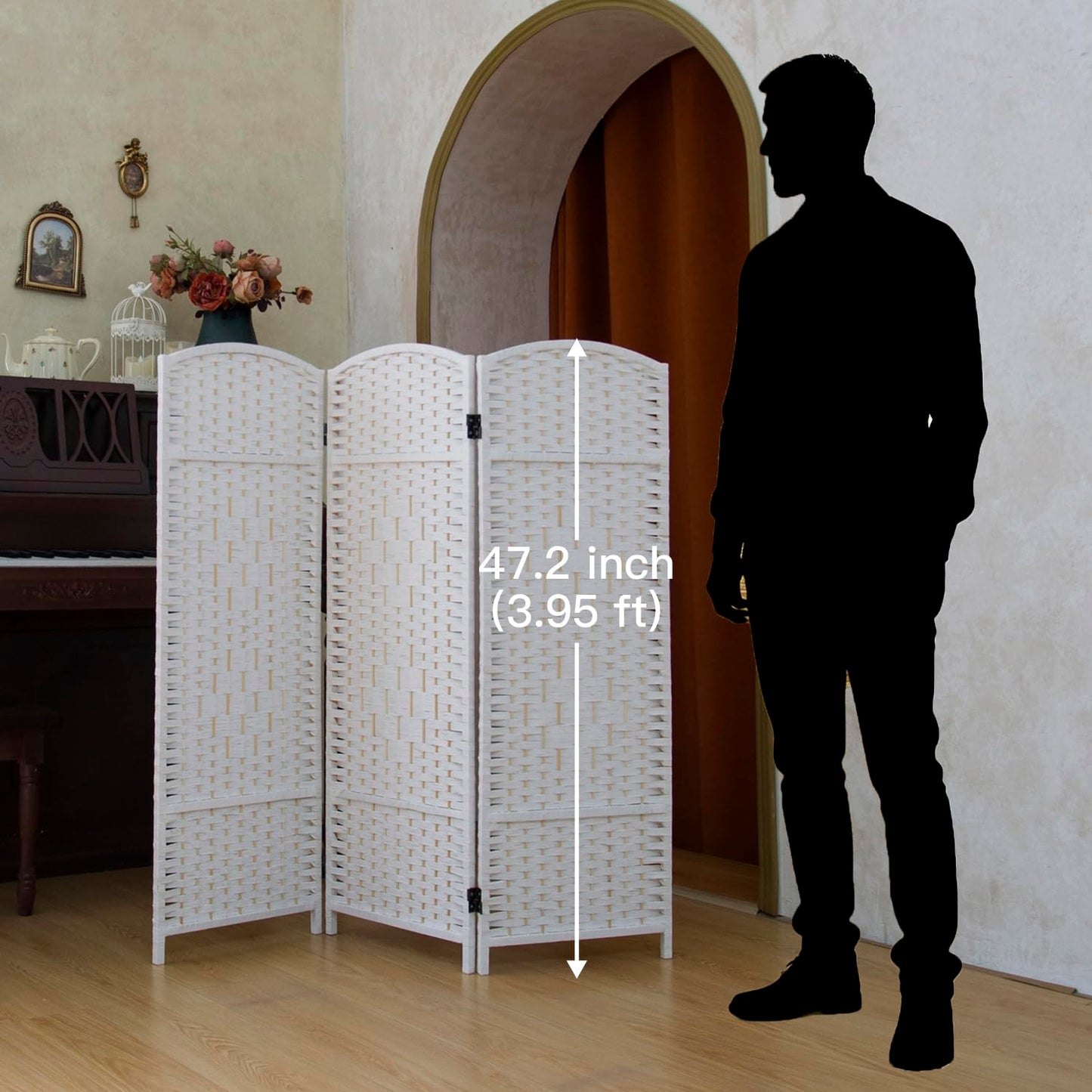 Pawlabay Compact 3 Panel Short Room Divider, 47.2 Inch Tall Double-Sided Rattan Folding Screen for Home & Office,White