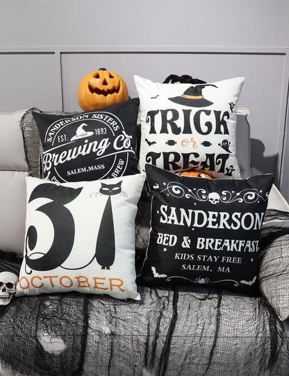 TOYPOPOR Halloween Decorations Pillow Covers Double-Side Printing 18x18 Set of 4 Indoor/Outdoor Hocus Pocus Farmhouse Decorative Cushion Cases Spider Web Cat Skull Home Decor