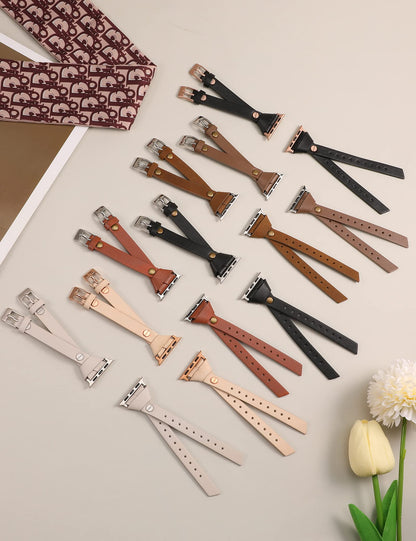 Minyee Leather Band Compatible with Apple Watch Bands 38/40/41/42mm Women, Slim Double Knotted Fasten with Rivet Stylish Dressy Strap for iWatch Series 11 10 9 8 7 6 5 4 SE/Ultra 3 2 1, Light Brown