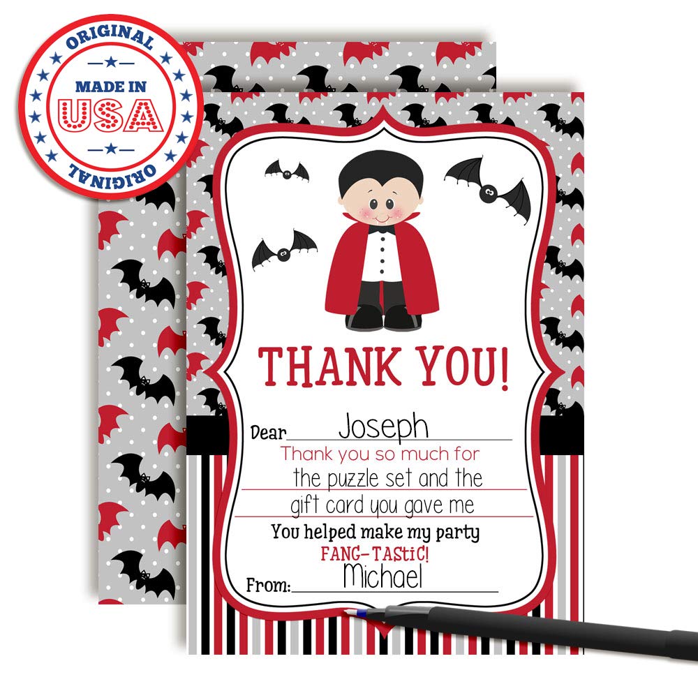 Dracula Fang-tastic Halloween Vampire Birthday Thank You Notes for Kids, Ten 4" x 5.5" Fill In The Blank Cards with 10 White Envelopes by AmandaCreation