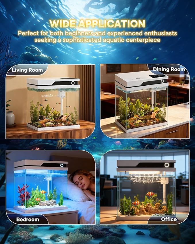 Vehipa Fish Tank, Smart Fish Aquarium Kit 4.2 Gallon with Auto Feeder, 4-in-1 Silent Pump, Adjustable Lighting, Temperature Display & Humidifier for Desktop, Office, Room
