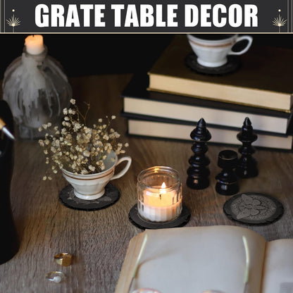 Hushee 4 Pcs Gothic Moth Slate Coasters Set, 4 Inch Laser Engraving Stone Black Round Coasters with Anti-Scratch Bottom and Storage Holder, Gothic Gift Home Decors for Kitchen Bar Office Dinner Table