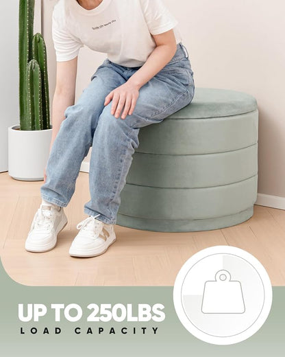 B FSOBEIIALEO Round Velvet Storage Ottoman with Tray, Folding Ottoman with Storage Coffee Table Foot Rest for Dorm Room, Living Room Sage, 22.83"x22.83"x17.32"
