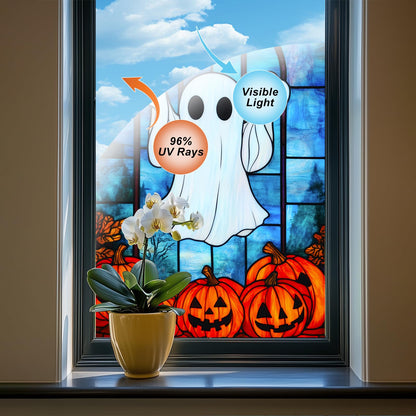 HOMETITUTE Halloween Ghost Window Film 31x47 Inch Pumpkin Decorative Window Film Cute Spooky Glass Cling for Kids Party Door Mirror Privacy Decor Stained Glass Windows Art for Home School Office