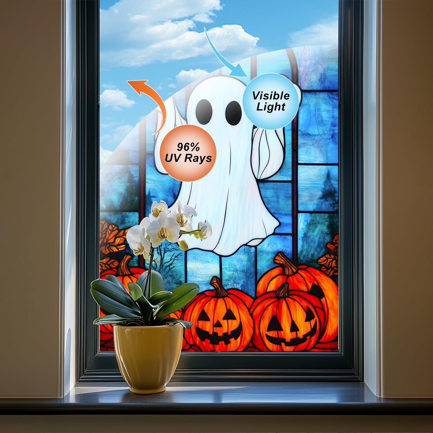 HOMETITUTE Halloween Ghost Window Film 31x47 Inch Pumpkin Decorative Window Film Cute Spooky Glass Cling for Kids Party Door Mirror Privacy Decor Stained Glass Windows Art for Home School Office