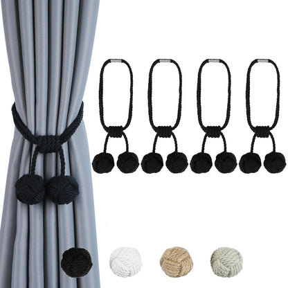 HedongHexi Magnetic Curtain Tiebacks, Cotton Handmade Drapery Holdbacks with Two Balls Rustic Style Decorative Curtain Ties for Home Office Bedroom (Black Cotton, 4 Pack)