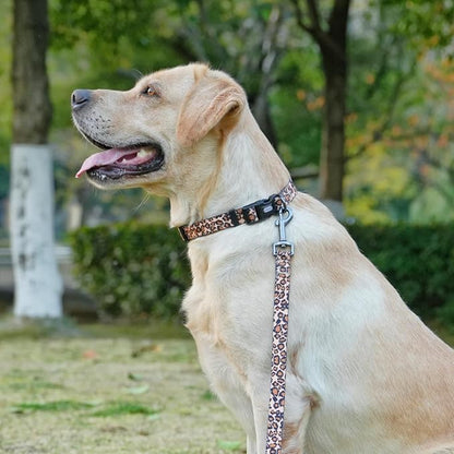 Dog Collar Leash Set, Leopard Pattern, Polyester Material, Adjustable Collar and 5ft Matching Leash, for Large Dogs.(L, Brown Leopard)