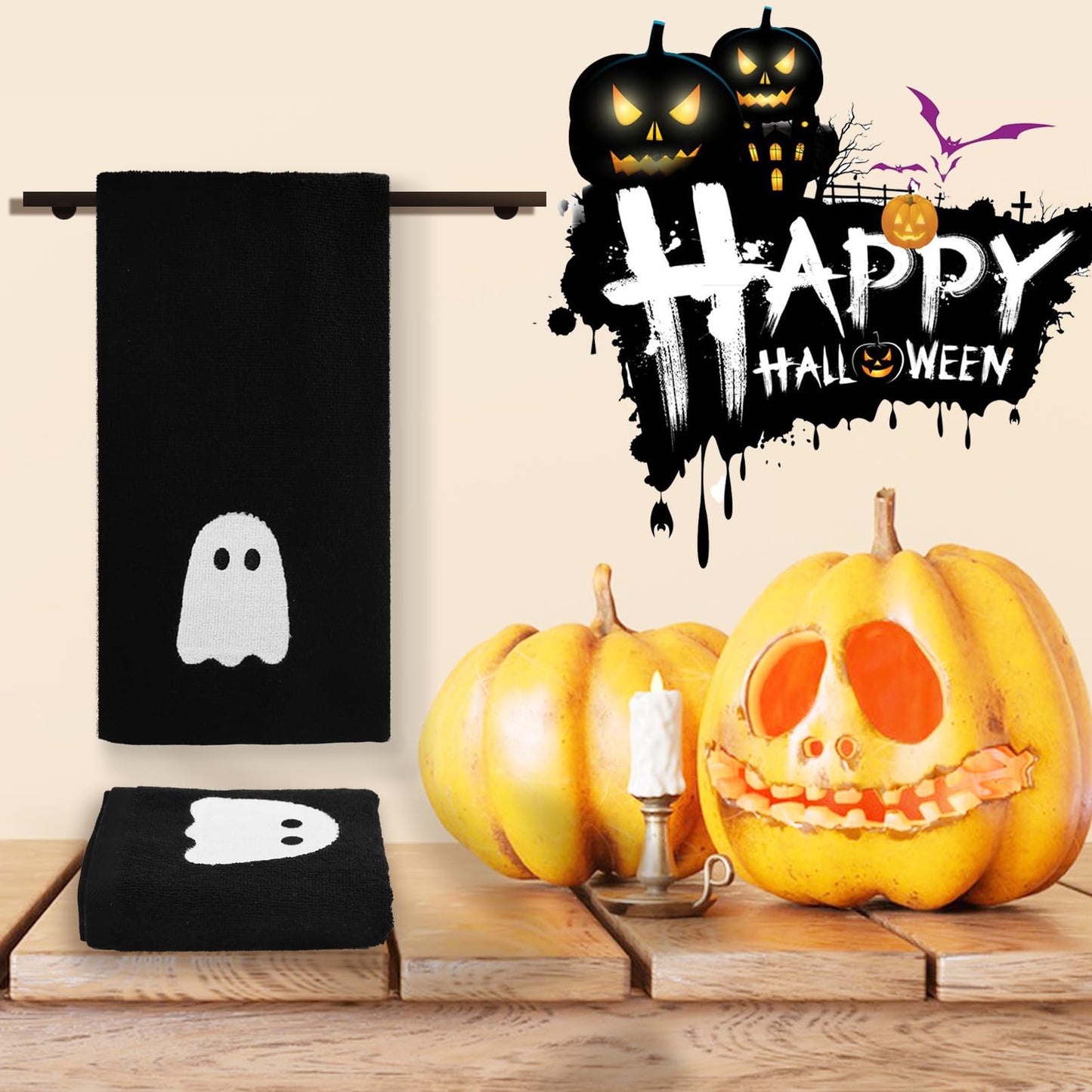 kuchisity 4 Pcs Hand Towels Embroidered Black White Ghost Cotton Dish Towel for Bathroom, Hand Drying, Cleaning, Kitchen, Cooking Gift (27.5x13.7 Inch)
