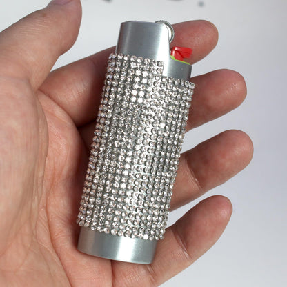 HUMWE Bling Rhinestone Crystal Lighter Case Cover Sleeve Metal Shiny Lighters Holder for Bic Standard Size Lighter J6 (Silver)