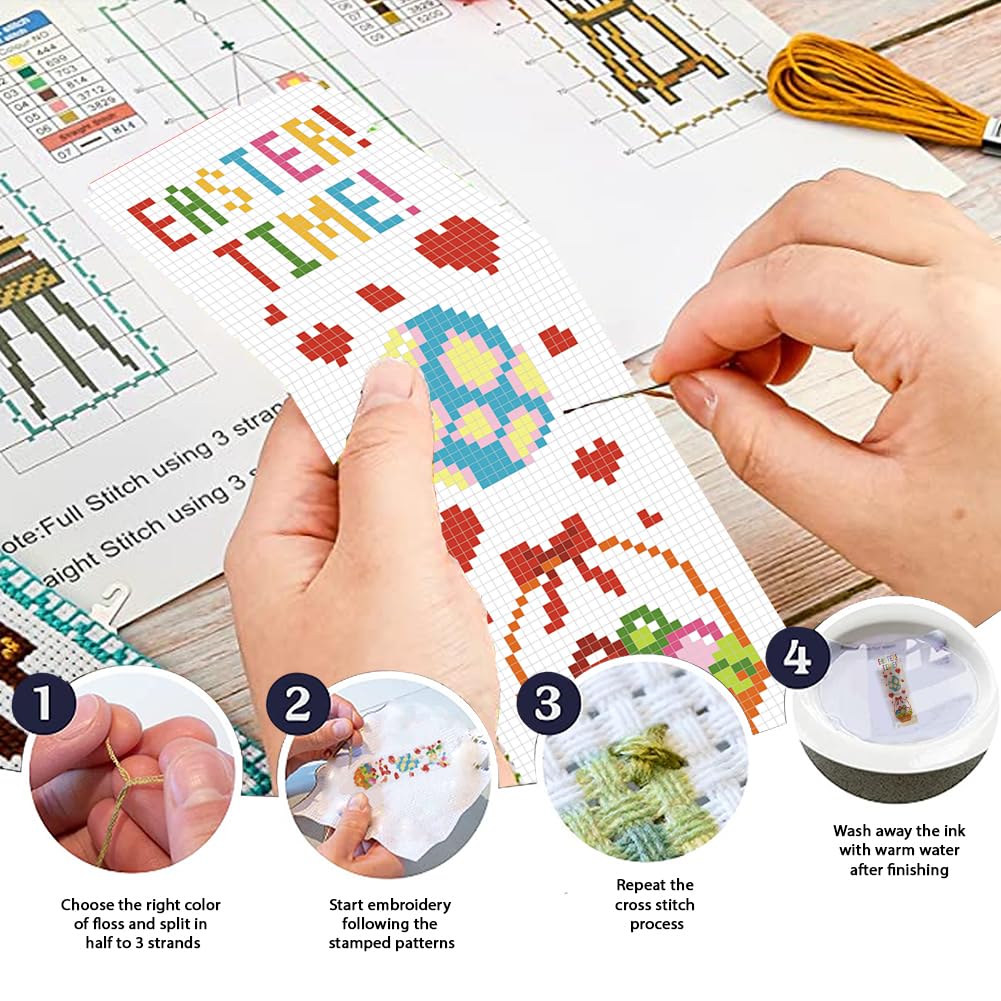 FREEBLOSS 6 Set Cross Stitch Bookmark Kit 11 CT Stamped Cross Stitch Kit DIY Embroidery Bookmark Kits for Adult Beginners with Instructions, Easter Bunny, 6 x 20 cm/8" x 2.4"