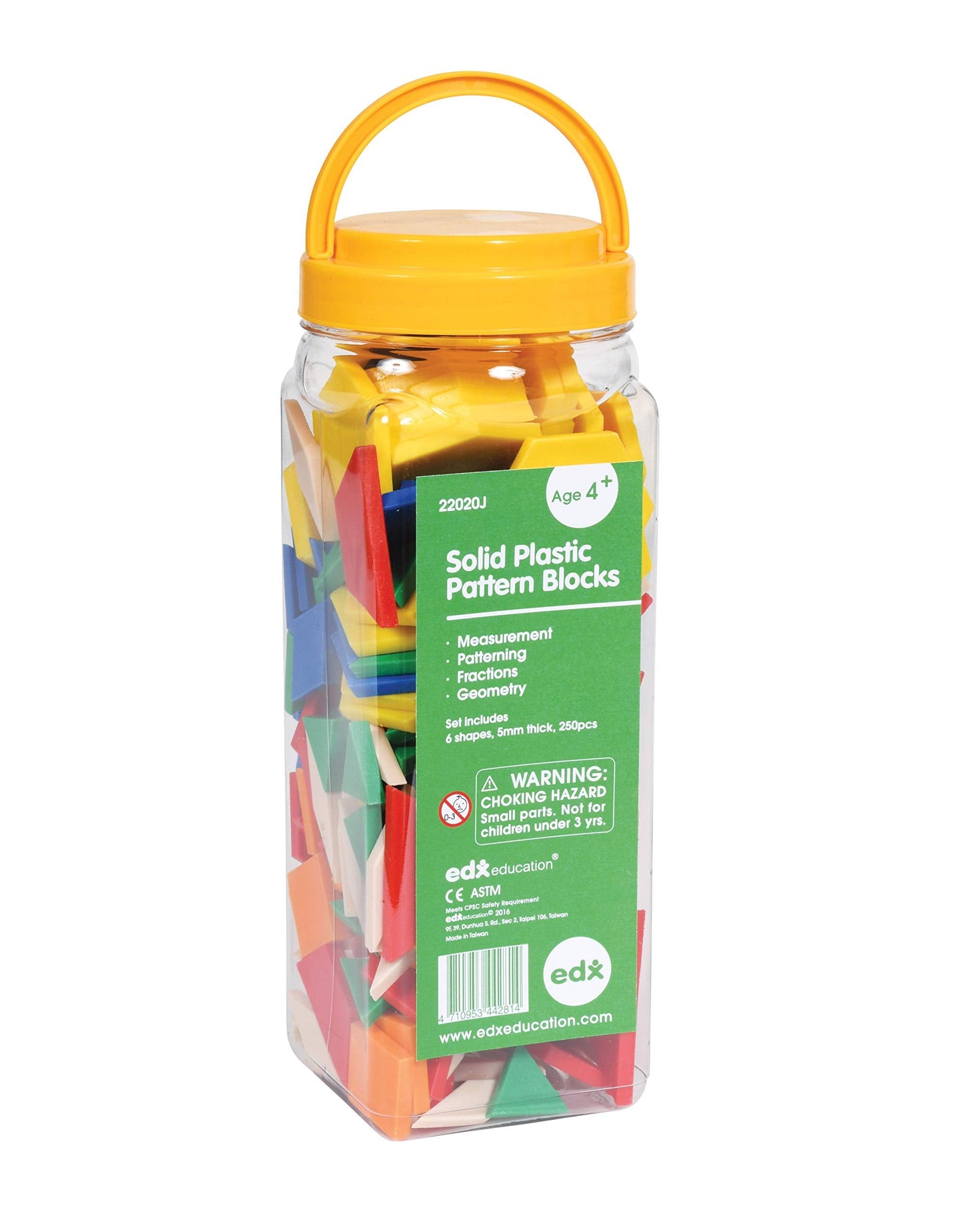 edxeducation Plastic Pattern Blocks | Set of 250 | Math Manipulative for Fractions, Symmetry, Patterning and Creativity , up to 12 years| Math Supplies for Classroom