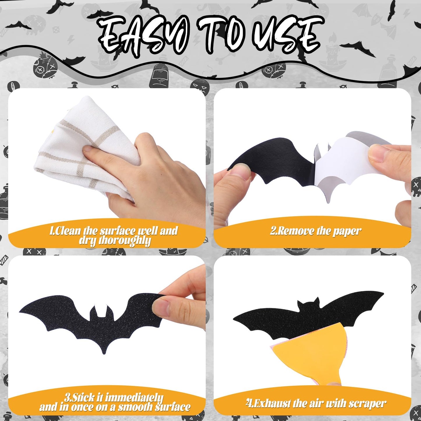 Chiisong 24 Pcs Non Slip Black Bat Bathtub Stickers for Kids Halloween Horror Bath Treads Adhesive Anti Slip Shower Decal Threads with Scraper for Kid Toddler Bath Tub and Shower Floor Bathroom Decor