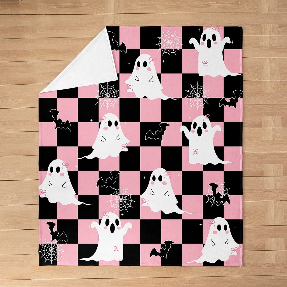 Erosebridal Black Pink Halloween Fleece Blanket Throw 50"x60" Kawaii Bowknot Ghost Flannel Blanket Gothic Spider Web Bat Fuzzy Plush Throw for Kids Boys Girls,Halloween Checkered Decor for Bed Couch
