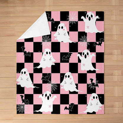 Erosebridal Black Pink Halloween Fleece Blanket Throw 50"x60" Kawaii Bowknot Ghost Flannel Blanket Gothic Spider Web Bat Fuzzy Plush Throw for Kids Boys Girls,Halloween Checkered Decor for Bed Couch