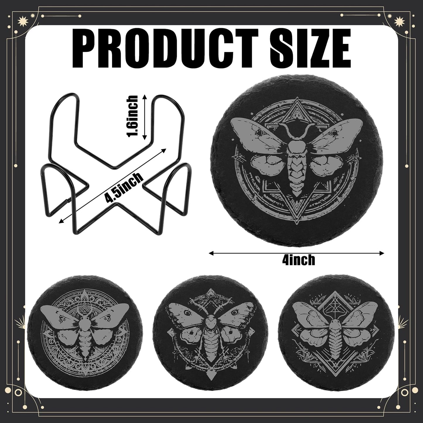 Hushee 4 Pcs Gothic Moth Slate Coasters Set, 4 Inch Laser Engraving Stone Black Round Coasters with Anti-Scratch Bottom and Storage Holder, Gothic Gift Home Decors for Kitchen Bar Office Dinner Table