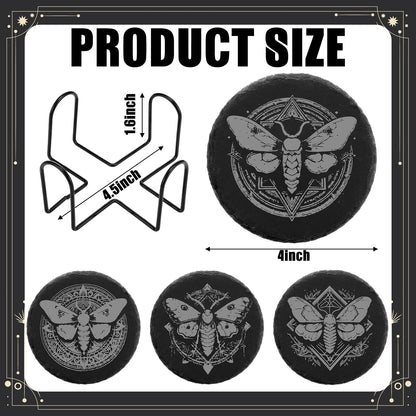 Hushee 4 Pcs Gothic Moth Slate Coasters Set, 4 Inch Laser Engraving Stone Black Round Coasters with Anti-Scratch Bottom and Storage Holder, Gothic Gift Home Decors for Kitchen Bar Office Dinner Table