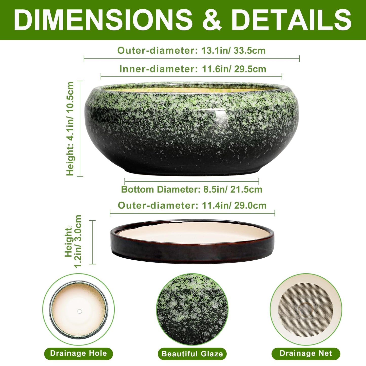 EPFamily Bonsai Pots - 13 Inch Ceramic Succulent Planters Indoor, Round Shallow Planter with Drainage Hole and Saucer, Large Succulent Pot, Bowl Planter Outdoor, House Decor, Housewarming Gift, Green