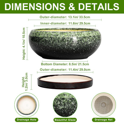 EPFamily Bonsai Pots - 13 Inch Ceramic Succulent Planters Indoor, Round Shallow Planter with Drainage Hole and Saucer, Large Succulent Pot, Bowl Planter Outdoor, House Decor, Housewarming Gift, Green