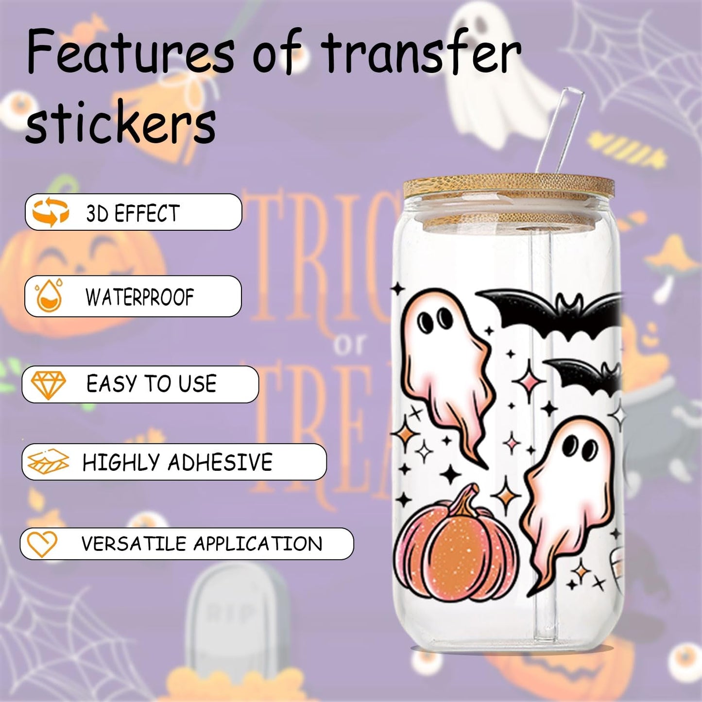 10 Sheets Halloween UV DTF Transfer Stickers for Glass, Cute Ghost Flower Rub on Transfers for Autumn Cup Wrap Crafts Funny No Heat Needed Ready to Apply