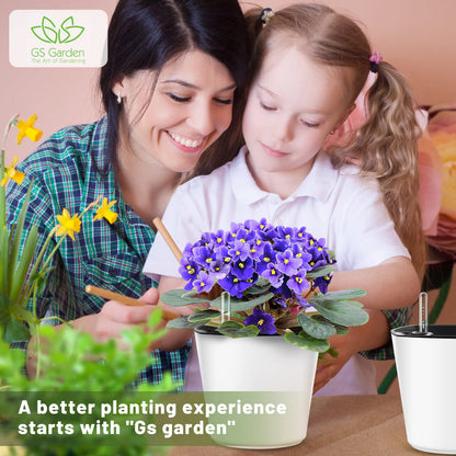 GS Garden 7 inch Plant Pots 3-Pack, Self Watering Flower Pots Indoor Outdoor, African Violet Pots Planters with Drainage Hole Saucer Reservoir, White