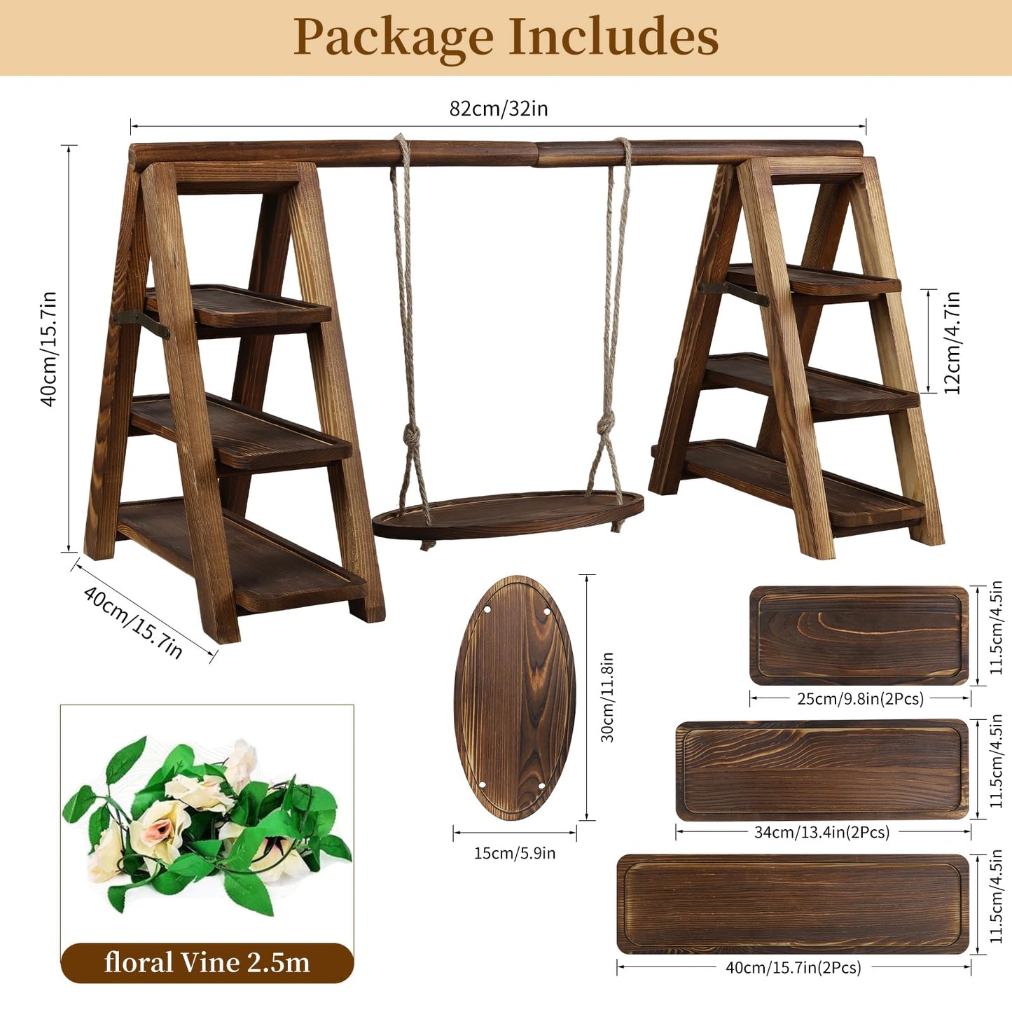Large Wooden 3 Tier Swing Cupcake Stand with Flower Decor, Removable Trays, Foldable Ladder Display for Cake, Snacks, Fruit, Bread, Party & Catering Centerpieces