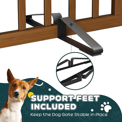 Semiocthome Dog Gate Indoor 2-Panel Freestanding Puppy Gates for The House with 2 Metal Stands 24" H Folding Wood Pet Gate for Stairs Doorway, Fully Assembled Safety Fence - Walnut