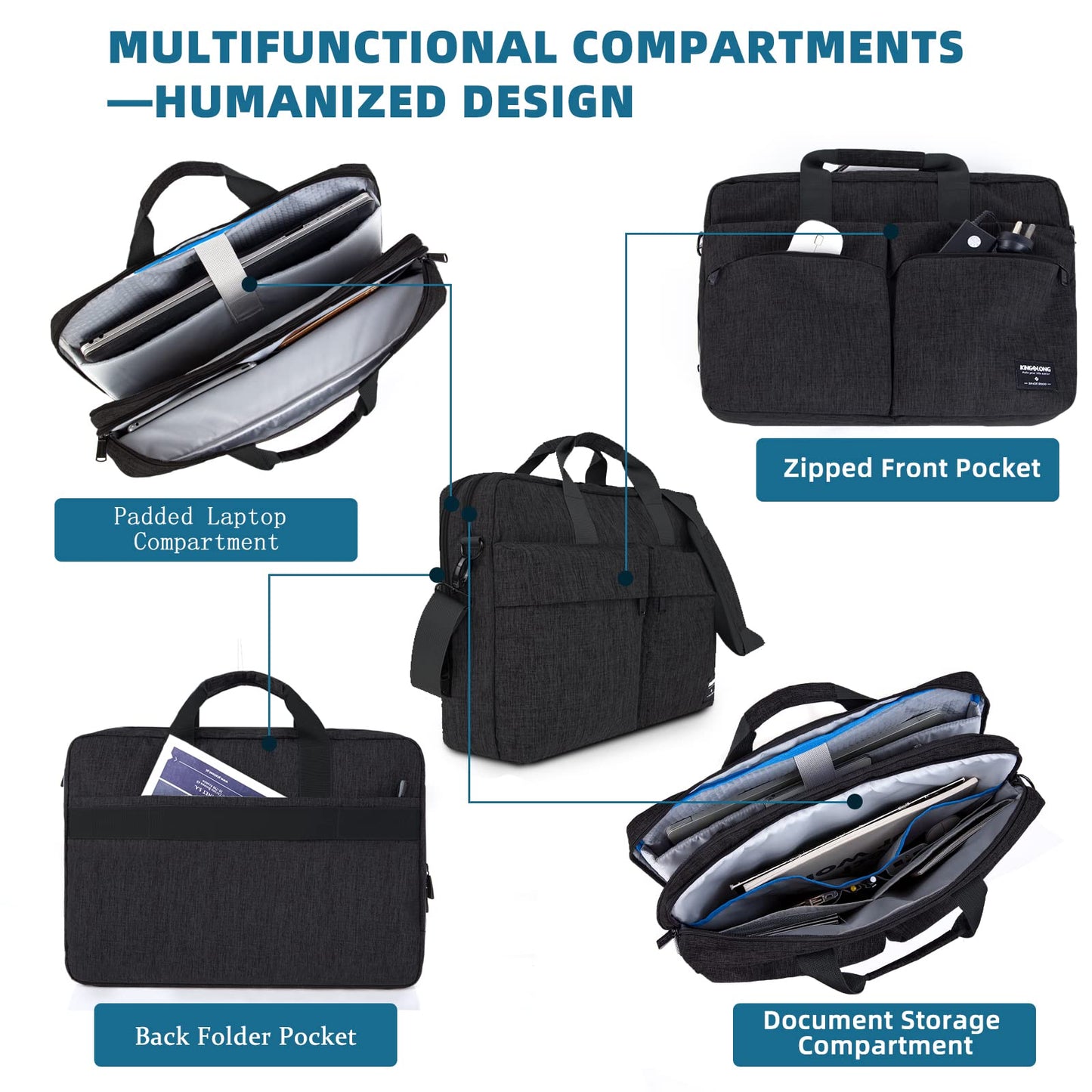 KINGSLONG 17.3 inch Laptop Briefcase Bag for Men Women, Laptop Messenger Bag with Shoulder Strap, Water Resistant Business Crossbody Bag Computer Bag for Asus Acer Dell Thinkpad, Black