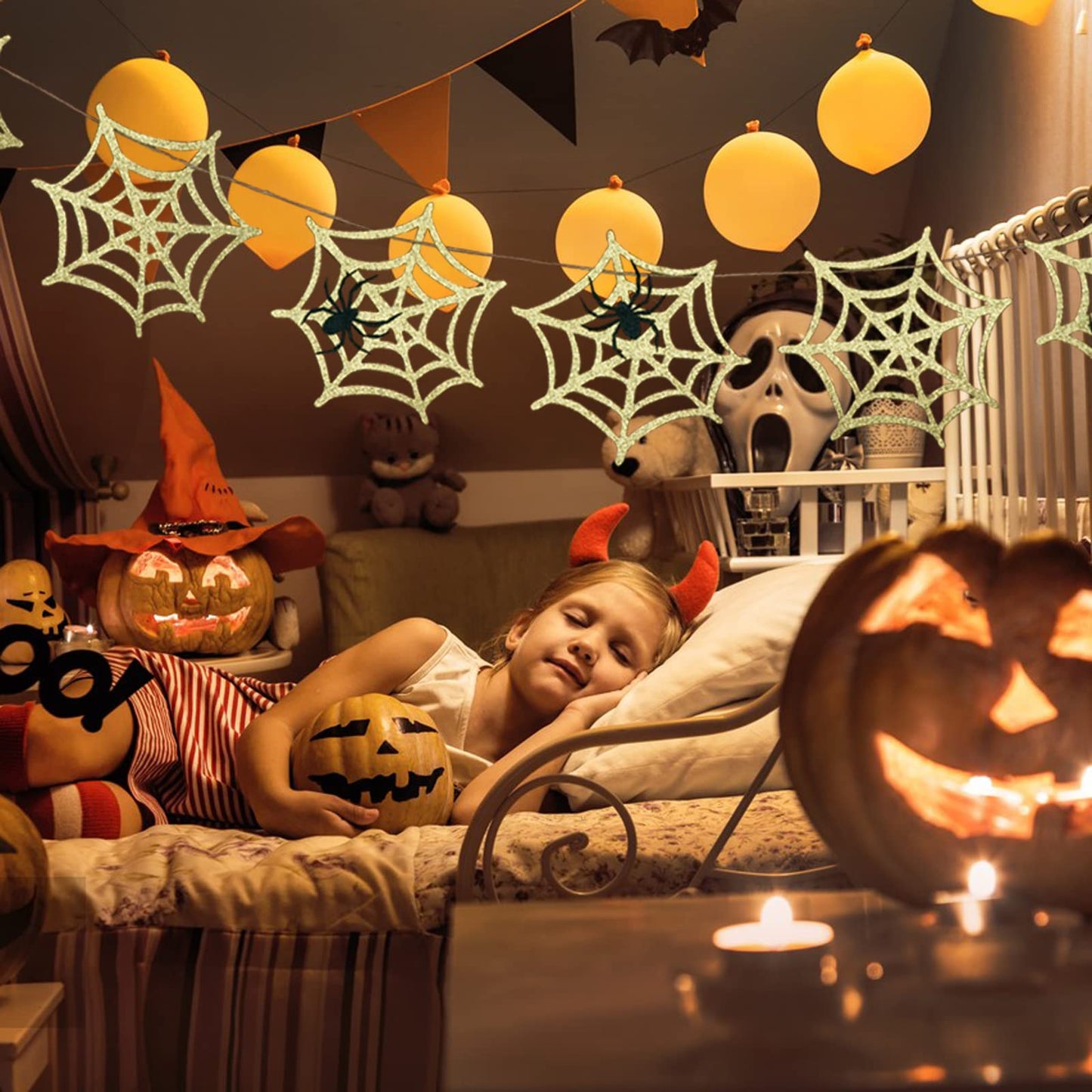 Halloween Spider Web Garland – Gold Glitter Spider Web Banner with Black Spider, Halloween Decoration Indoor, Spider Web Banner for Fireplace Mantle, Halloween Wall Decor Hanging Banner