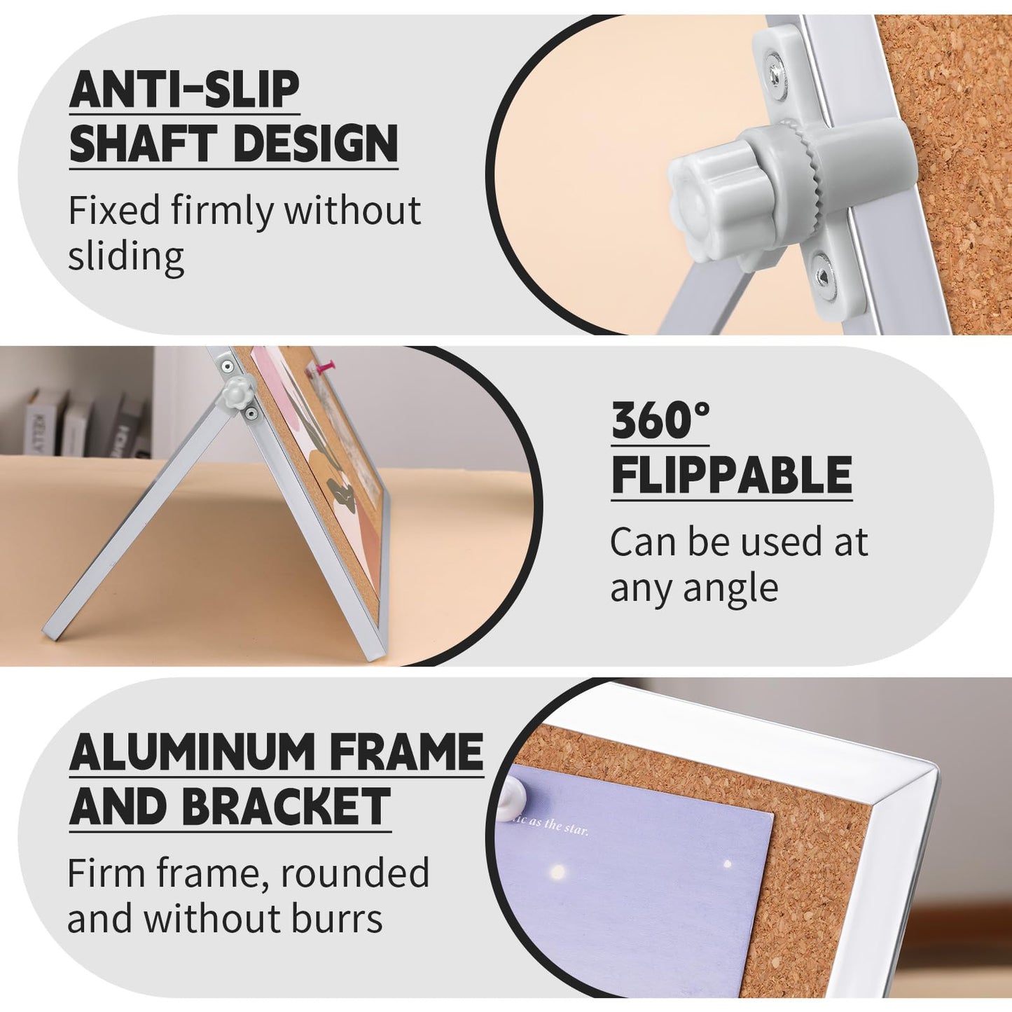 kdafio 11.81"×11.81" Cork Board Bulletin Board, Double Sided Pin Board with Silver Aluminum Border, Desktop Small Cork Board with Stand Suitable for Home, Office, Desk Message Board or Picture Board