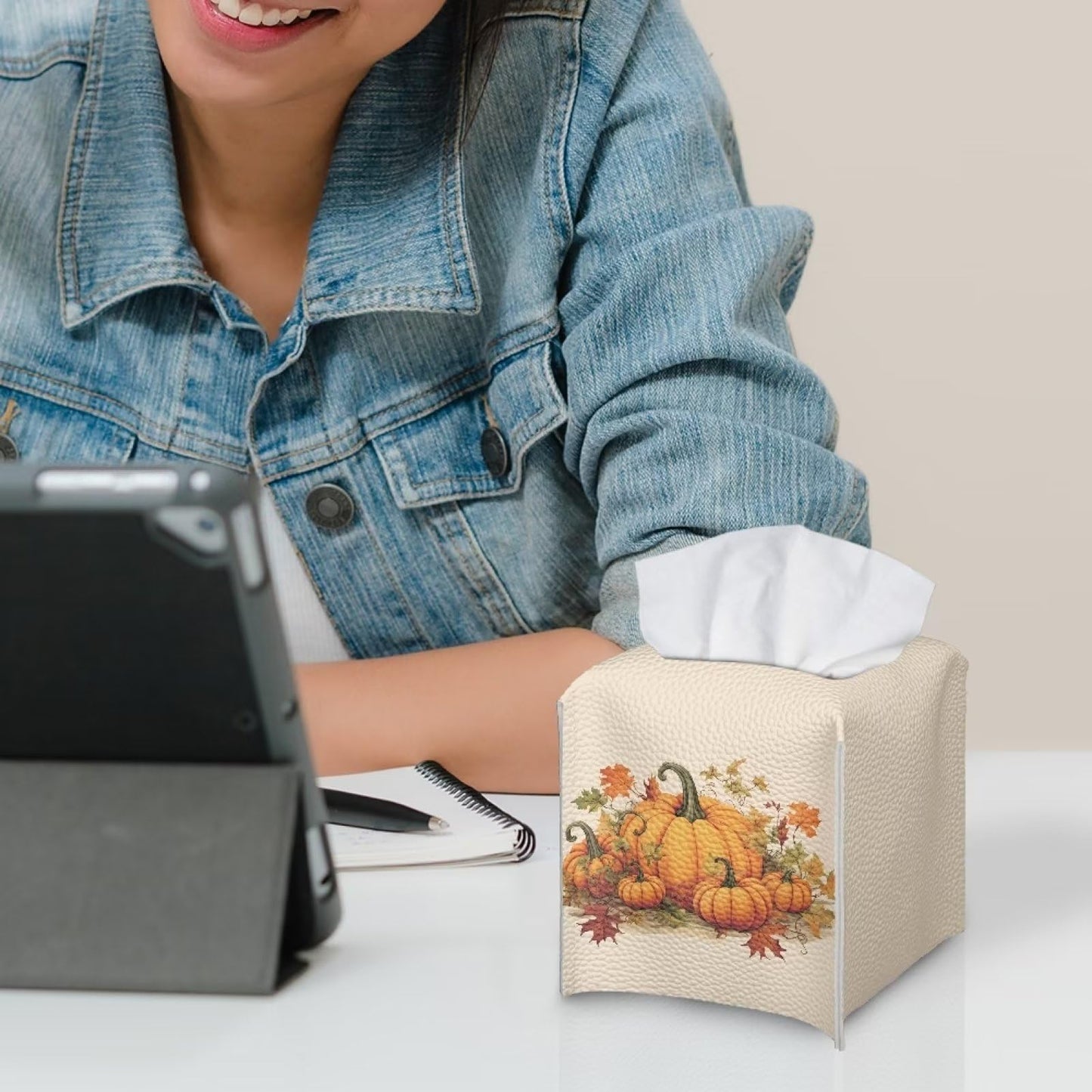 NETILGEN Tissue Box Cover Decorative Holder PU Leather Square Tissue Case Dispenser for End Table, Office Desk, Nightstand, Home Autumn Decoration, Pumpkin Fallen Leaf