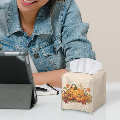 NETILGEN Tissue Box Cover Decorative Holder PU Leather Square Tissue Case Dispenser for End Table, Office Desk, Nightstand, Home Autumn Decoration, Pumpkin Fallen Leaf
