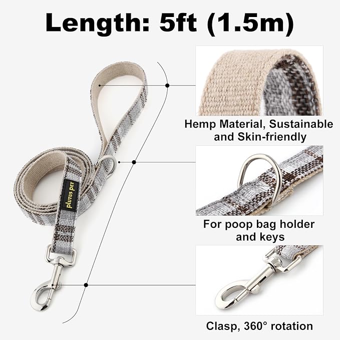 Plutus Pet Cotton Hemp Dog Collar and Leash Set, Adjustable Collar for Small, Medium, and Large Dogs, Heavy Duty and Soft on Skin, Gray Plaid, M