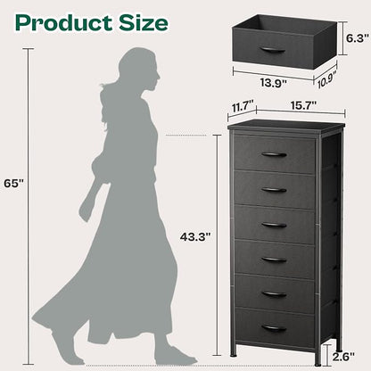 Huuger Tall Dresser for Bedroom, Stable 6 Drawer Dresser with Anti-Tip Device, PU Leather & Fabric Drawers, Tall Nightstand for Closet, Nursery, Storage Tower for College Dorm High Beds, Black