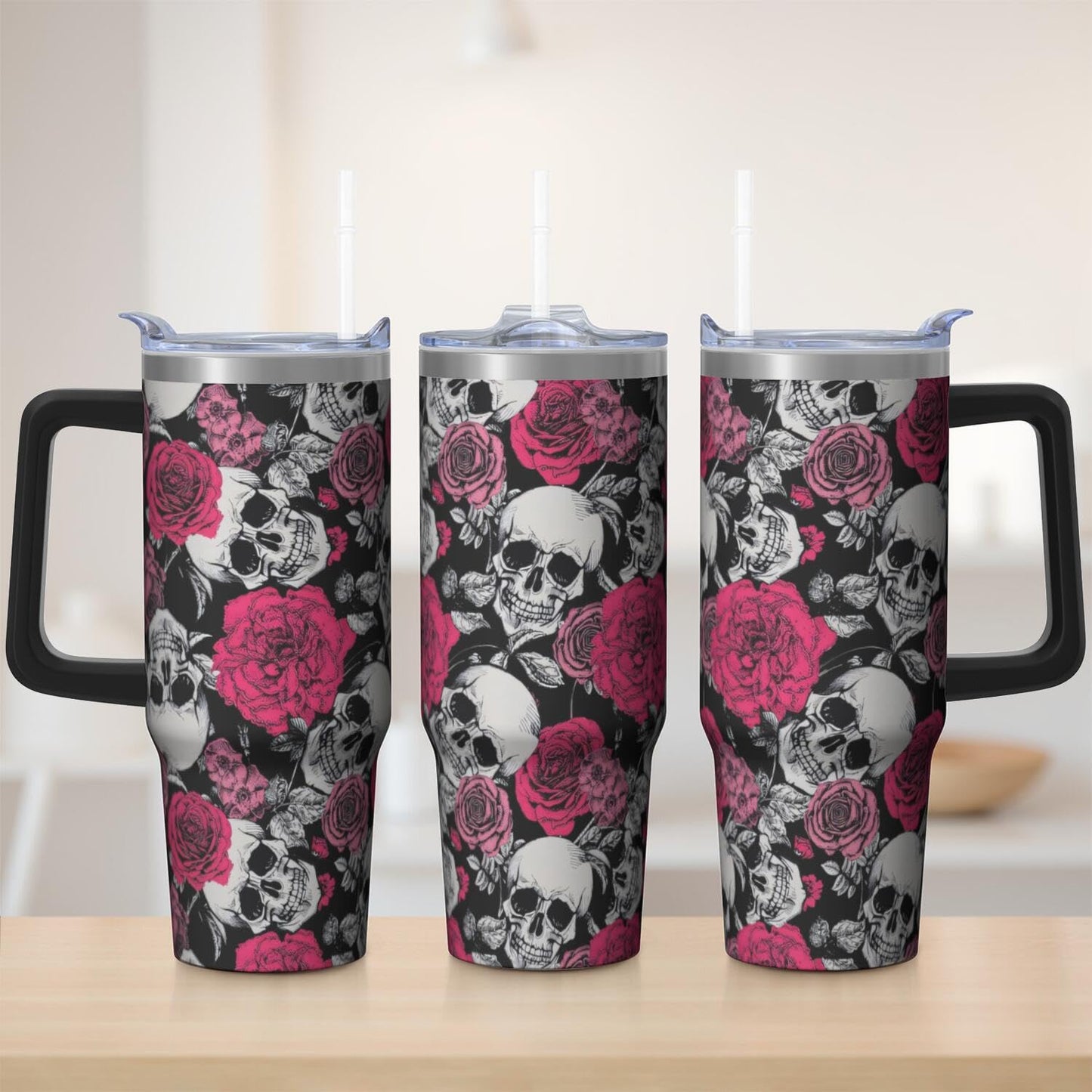 Kearscupra 30oz Skull Tumbler with Handle and Straw,Skeleton Gothic Floral Stainless Steel Insulated Cup with Lid and Straw,Travel Coffee Mug Water Bottle,Halloween Birthday Gifts for Women Men