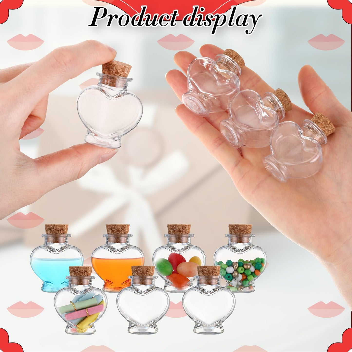 Bokon 50 Pack 1 oz Mini Plastic Bottles with Cork, Small Potion Bottles Tiny Clear Sand Art Jar Wishing Vial Bulk for Birthday Halloween Valentines Party DIY Crafts Gift (Heart)