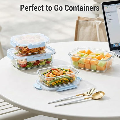 Dealusy 10 Sets (20-Piece) 4.5 Cup & 1.5 Cup Glass Food Storage Containers with lids, Airtight Leak-proof Glass Meal Prep Containers with Lids, Microwave Oven Freezer Dishwasher Safe, Blue