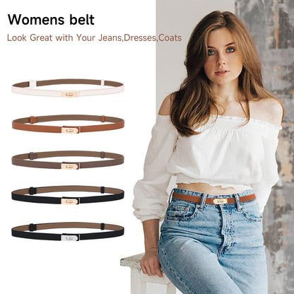 Asaloy Women's Thin Leather Belts with Turn Lock Buckle,Belt Women Adjustable for Pants Dresses Jeans Coats (Caramel Gold Buckle+Black Gold Buckle（2 piece）, Waist Size Below 37 Inches)