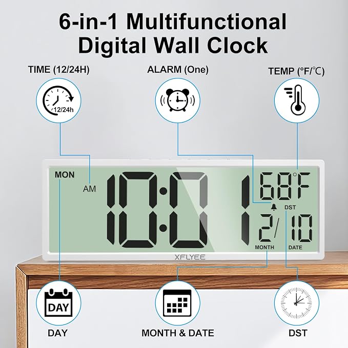 14.5'' Large Digital Wall Clock Battery Operated with Jumbo Numbers, Auto DST, Day, Date, Alarm, Temperature for Living Room, Bedroom, Desk Decor, Gift, LCD Screen Display Easy to Read and Set