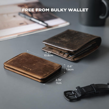 VULKIT Slim Minimalist Card Holder RFID Blocking Leather Credit Card Holder Front Pocket Wallet Magnetic Closure, Handcrafted Cowhide Version