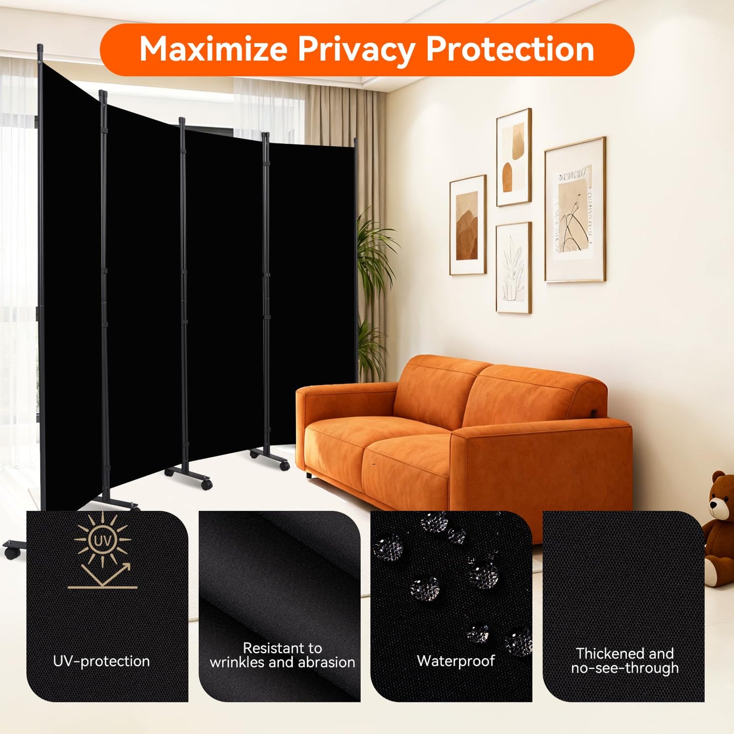 Room Divider 88''W Wall Divider for Room Partition (Heavy Duty Base) 4 Panel Partition Room Dividers, Freestanding Room Divider Screen Separation W/Wheels Folding Privacy Screen Panel Space Separator