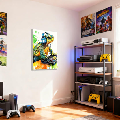 Graffiti DJ Sea Turtle Canvas Wall Art Modern Funny Print 16x24 inch Green Tortoise with Headphones Teen Boy Gaming Room Cool Framed Animal Decor Kids Bedroom Gift Decor Men Office Home Poster