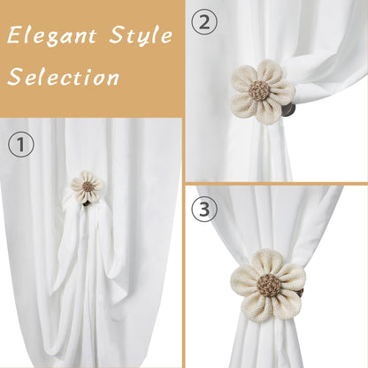 Curtain Tie Backs for Curtain Drapes, Boho Decor Holdback Clamp Farmhouse Tiebacks Clips with Flower for Sheer Curtains, Shabby Chic Drapery Holder, Pack-2