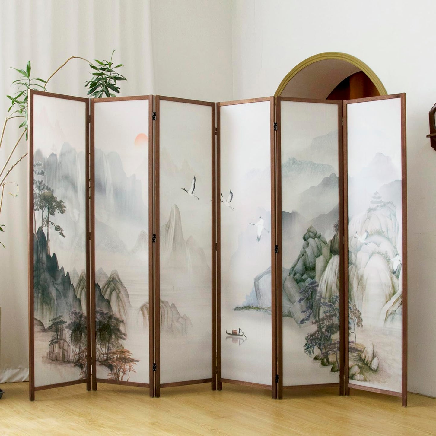 Pawlabay 6 Panel Room Divider, 5.6 ft Tall Blackout Folding Privacy Screen - Freestanding Partition Wall with Double-Sided Patterns, Ink-wash Mountain Landscape for Home Office (67" H x 94.5" W)